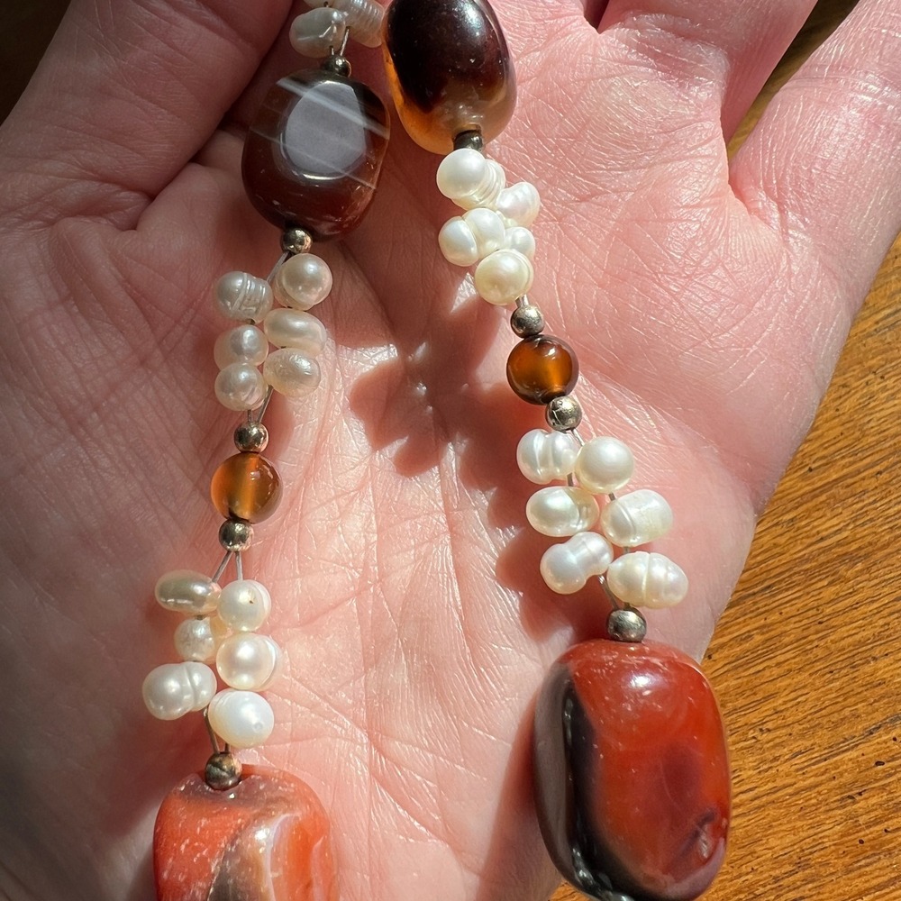 Freshwater Pearl Carnelian Necklace White Red Agate Beaded Boho Statement - Picture 6 of 9
